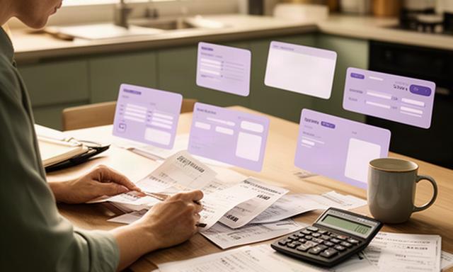 Singapore professional reviewing several bank accounts and household bills at a kitchen table